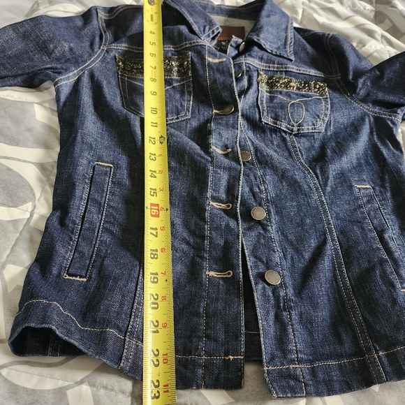 Calvin Klein retro logo dark wash denim blazer beaded structured women's… - Picture 15 of 16